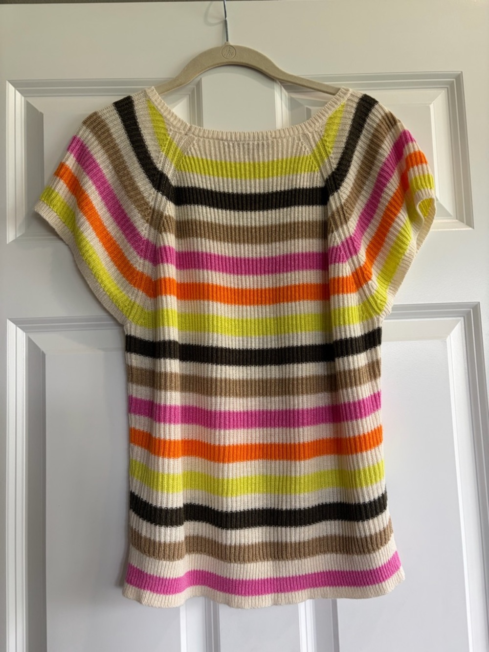 Striped Knit Short-Sleeve Top in Cream, Pink, Orange, Yellow, Brown, Black